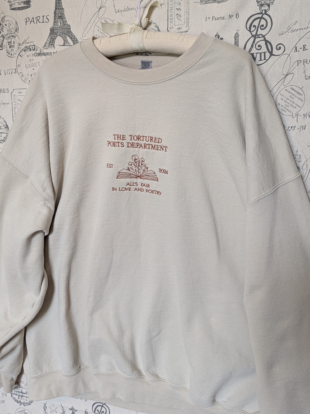 Tortured Poets Dept. Cream Crewneck Sweatshirt with Embroidered Design-Size XXL